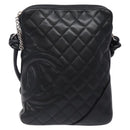 CHANEL Medium Pochette Shoulder Bag Cambon Line Leather Black Silver Auth fm4781-2