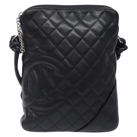 CHANEL Medium Pochette Shoulder Bag Cambon Line Leather Black Silver Auth fm4781