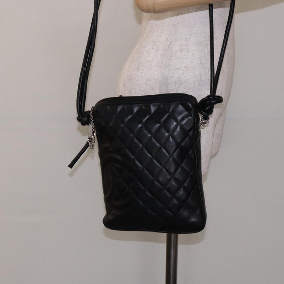 CHANEL Medium Pochette Shoulder Bag Cambon Line Leather Black Silver Auth fm4781