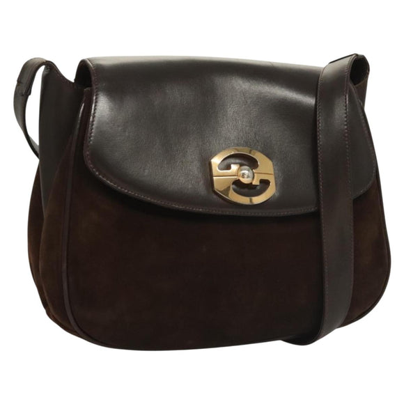 GUCCI Shoulder Bag Suede Brown Gold Auth fm4812
