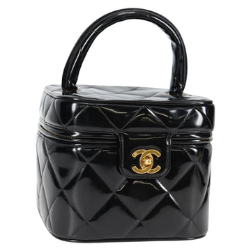 CHANEL Matelasse Vanity Hand Bag Patent leather Black Gold CC Auth fm4820V
