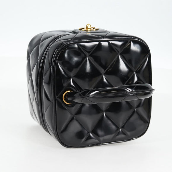 CHANEL Matelasse Vanity Hand Bag Patent leather Black Gold CC Auth fm4820V
