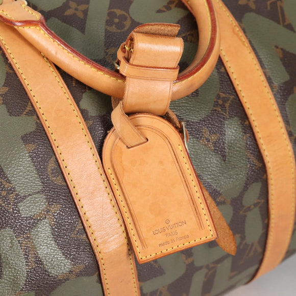 LOUIS VUITTON Monogram Graffiti Keepall 50 Boston Bag Khaki M92196 Auth fm4841V