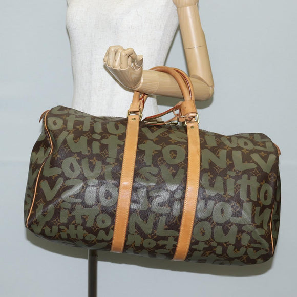 LOUIS VUITTON Monogram Graffiti Keepall 50 Boston Bag Khaki M92196 Auth fm4841V