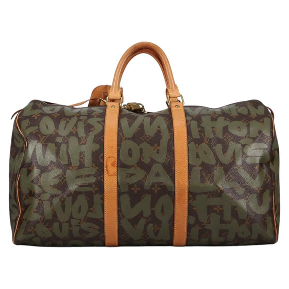 LOUIS VUITTON Monogram Graffiti Keepall 50 Boston Bag Khaki M92196 Auth fm4841V