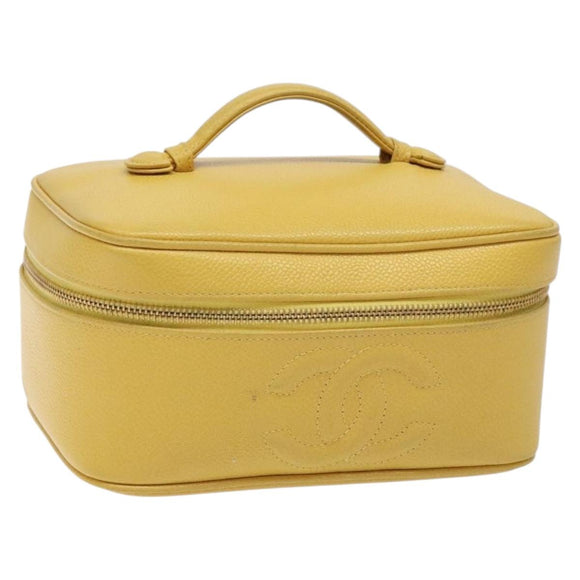 CHANEL COCO Mark Vanity Pouch Caviar Skin Yellow Gold CC Auth fm4842