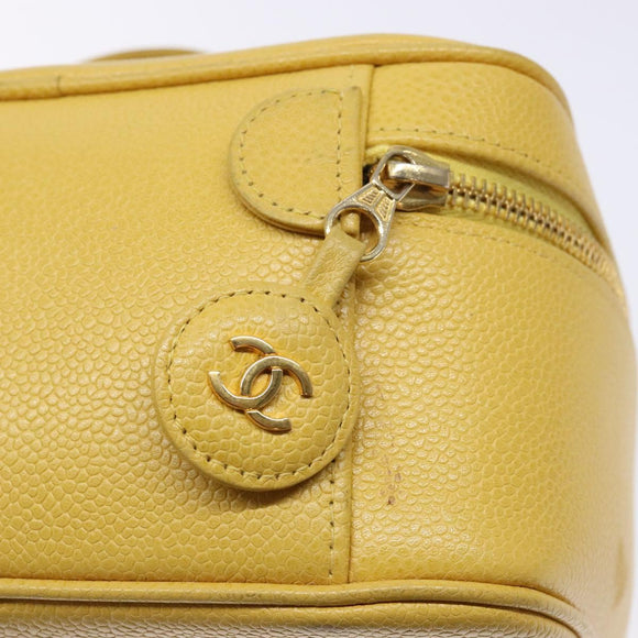 CHANEL COCO Mark Vanity Pouch Caviar Skin Yellow Gold CC Auth fm4842