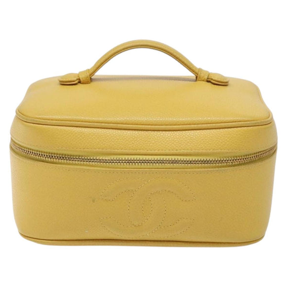 CHANEL COCO Mark Vanity Pouch Caviar Skin Yellow Gold CC Auth fm4842