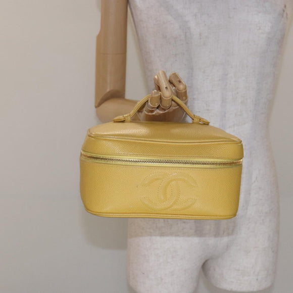 CHANEL COCO Mark Vanity Pouch Caviar Skin Yellow Gold CC Auth fm4842
