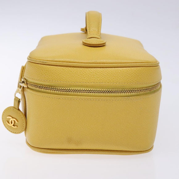 CHANEL COCO Mark Vanity Pouch Caviar Skin Yellow Gold CC Auth fm4842