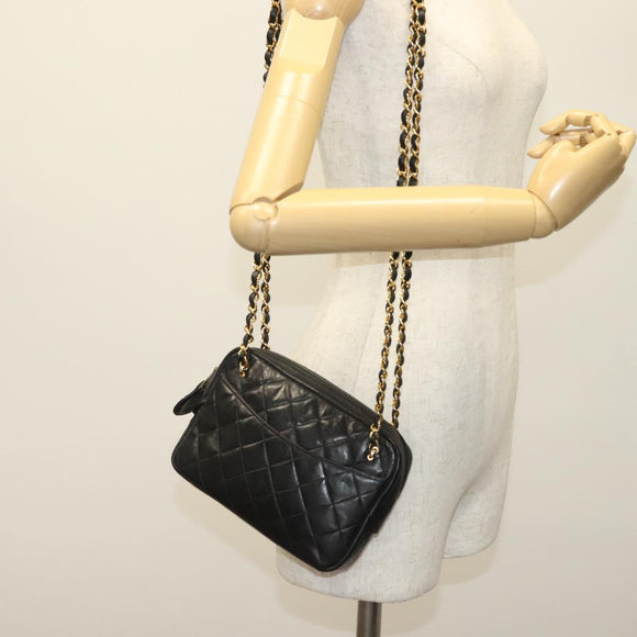 CHANEL Matelasse Chain Shoulder Bag Lamb Skin Black Gold CC Auth fm4843