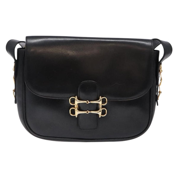 CELINE Shoulder Bag Leather Black Gold Auth fm4845