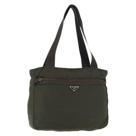 PRADA Tote Bag Nylon Khaki Silver Auth fm4887
