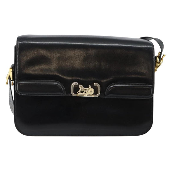CELINE Horse Carriage Shoulder Bag Leather Black Gold Auth fm4892