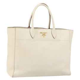 PRADA Tote Bag Leather White Gold Auth fm4895