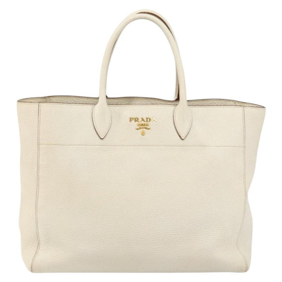 PRADA Tote Bag Leather White Gold Auth fm4895