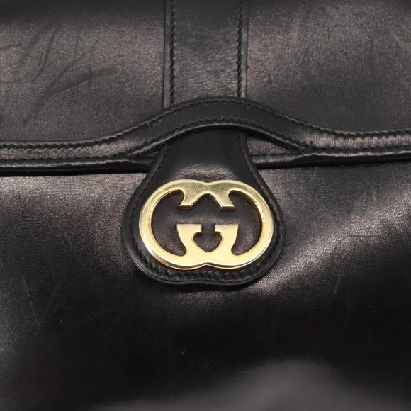 GUCCI Interlocking Shoulder Bag Leather Black Gold Auth fm4898