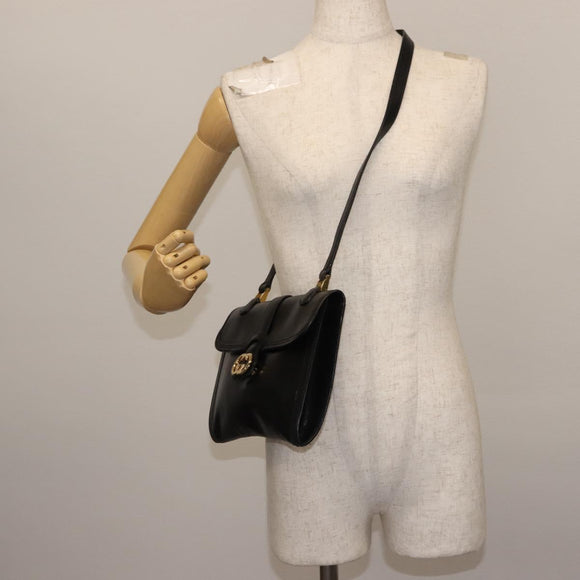 GUCCI Interlocking Shoulder Bag Leather Black Gold Auth fm4898