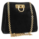 Salvatore Ferragamo Gancini Chain Shoulder Bag Suede Black Gold Auth fm4930-1