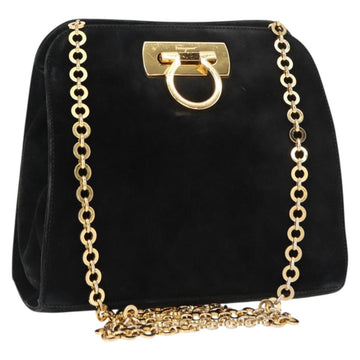 Salvatore Ferragamo Gancini Chain Shoulder Bag Suede Black Gold Auth fm4930