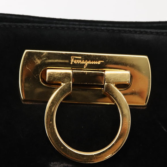 Salvatore Ferragamo Gancini Chain Shoulder Bag Suede Black Gold Auth fm4930