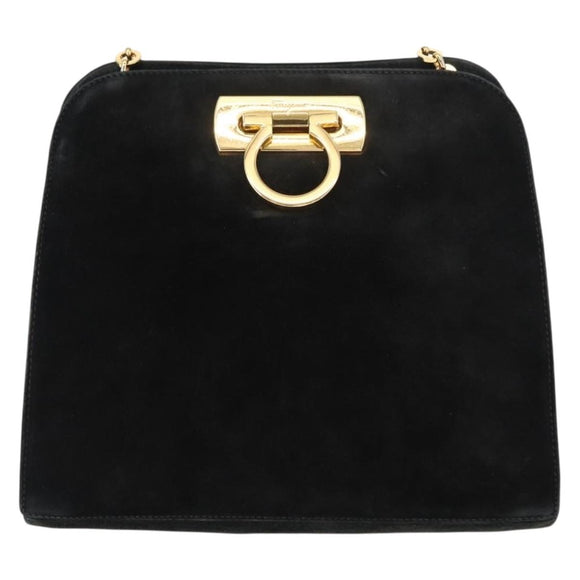 Salvatore Ferragamo Gancini Chain Shoulder Bag Suede Black Gold Auth fm4930