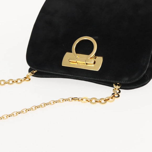 Salvatore Ferragamo Gancini Chain Shoulder Bag Suede Black Gold Auth fm4930