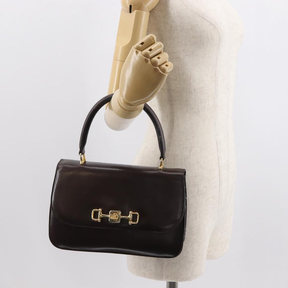 CELINE Hand Bag Leather Brown Gold Auth fm4934