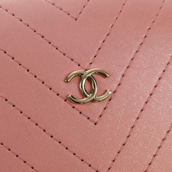 CHANEL Chain V stitch Shoulder Bag Leather Pink Gold CC Auth fm4939M