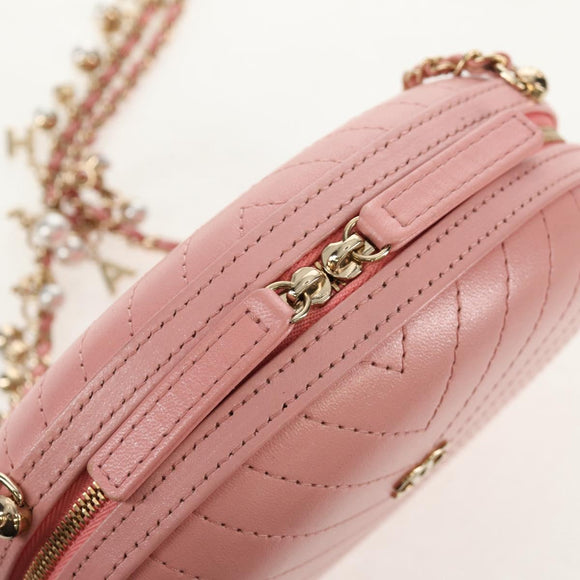 CHANEL Chain V stitch Shoulder Bag Leather Pink Gold CC Auth fm4939M
