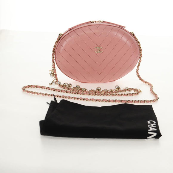 CHANEL Chain V stitch Shoulder Bag Leather Pink Gold CC Auth fm4939M