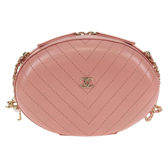 CHANEL Chain V stitch Shoulder Bag Leather Pink Gold CC Auth fm4939M