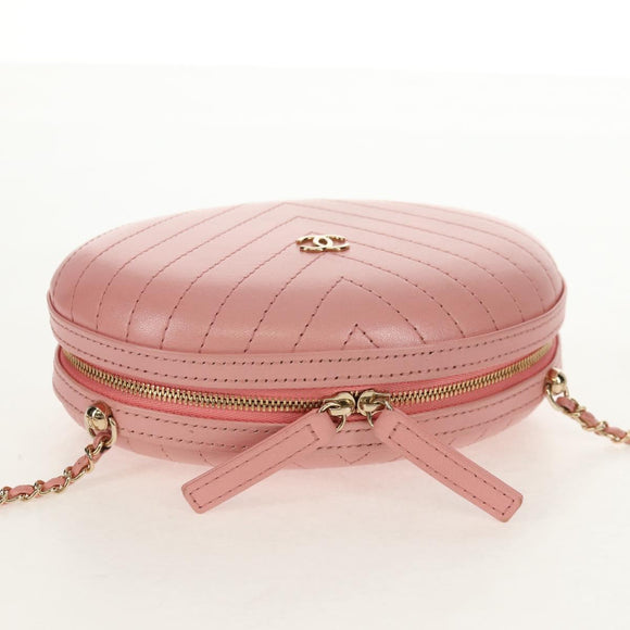 CHANEL Chain V stitch Shoulder Bag Leather Pink Gold CC Auth fm4939M
