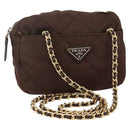 PRADA Chain Shoulder Bag Nylon Brown Gold Auth fm4942-1