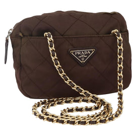 PRADA Chain Shoulder Bag Nylon Brown Gold Auth fm4942