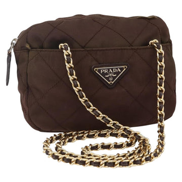 PRADA Chain Shoulder Bag Nylon Brown Gold Auth fm4942