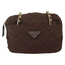 PRADA Chain Shoulder Bag Nylon Brown Gold Auth fm4942-13