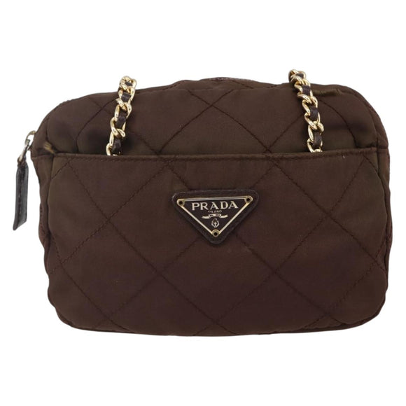 PRADA Chain Shoulder Bag Nylon Brown Gold Auth fm4942