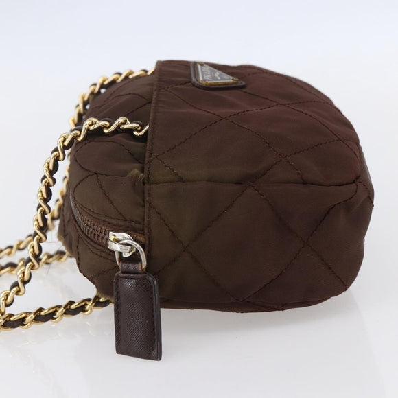 PRADA Chain Shoulder Bag Nylon Brown Gold Auth fm4942