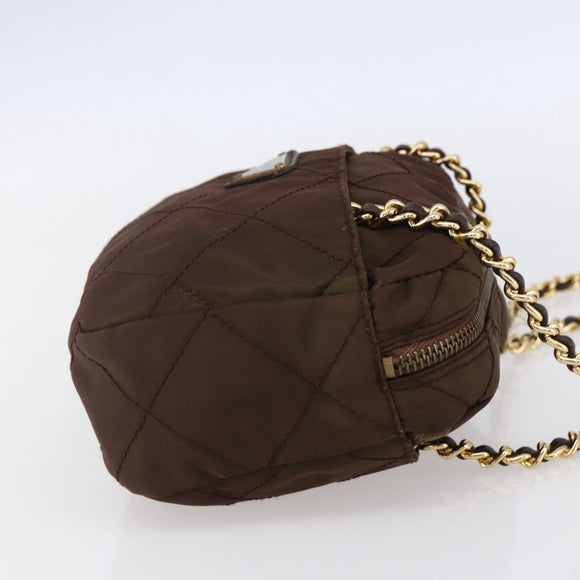 PRADA Chain Shoulder Bag Nylon Brown Gold Auth fm4942