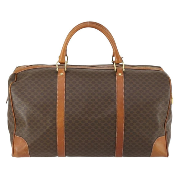 CELINE Macadam Canvas Boston Bag PVC Leather Brown Gold Auth fm4953