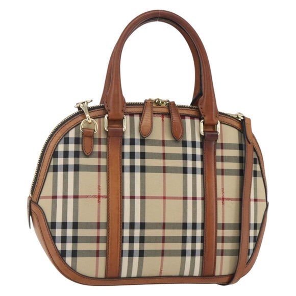 BURBERRY Nova Check Hand Bag PVC 2way Beige Gold Auth fm4955