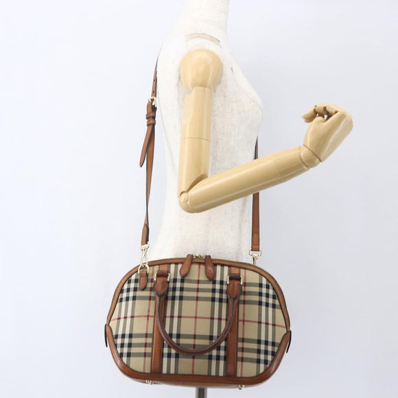 BURBERRY Nova Check Hand Bag PVC 2way Beige Gold Auth fm4955