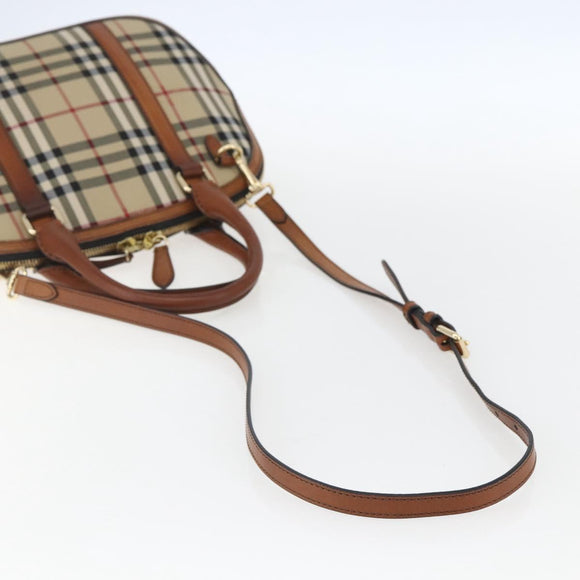 BURBERRY Nova Check Hand Bag PVC 2way Beige Gold Auth fm4955