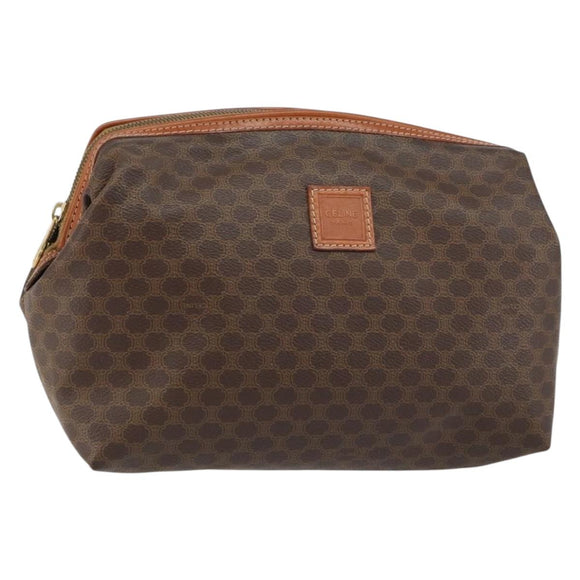 CELINE Macadam Canvas Pouch PVC Leather Brown Gold Auth fm4982