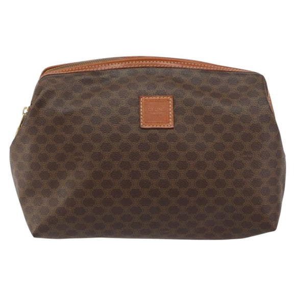 CELINE Macadam Canvas Pouch PVC Leather Brown Gold Auth fm4982