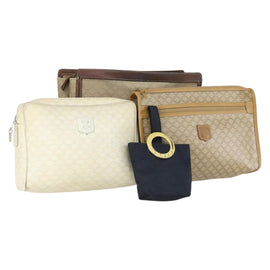CELINE Macadam Canvas Clutch Bag PVC Leather 4 Set Beige White Auth fm4984
