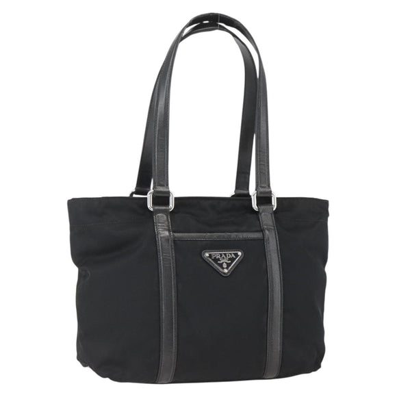 PRADA Tote Bag Nylon Leather Black Silver Auth fm4986