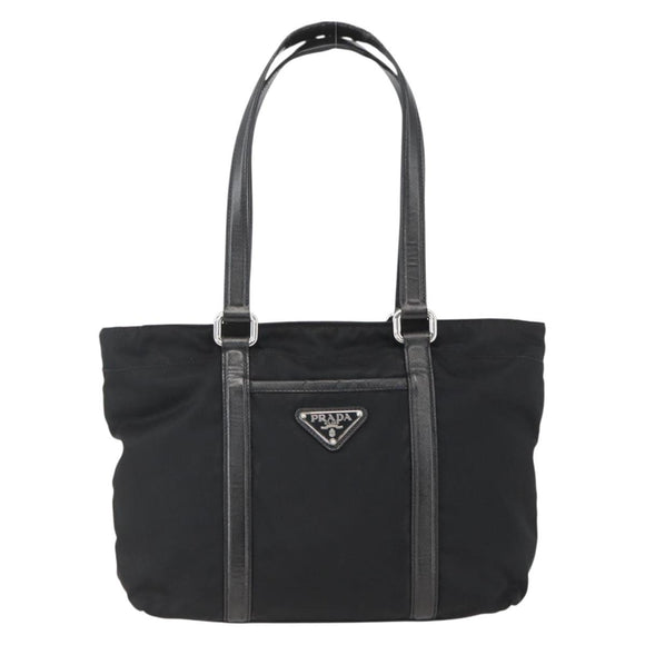 PRADA Tote Bag Nylon Leather Black Silver Auth fm4986
