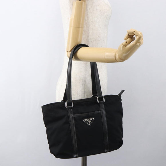 PRADA Tote Bag Nylon Leather Black Silver Auth fm4986